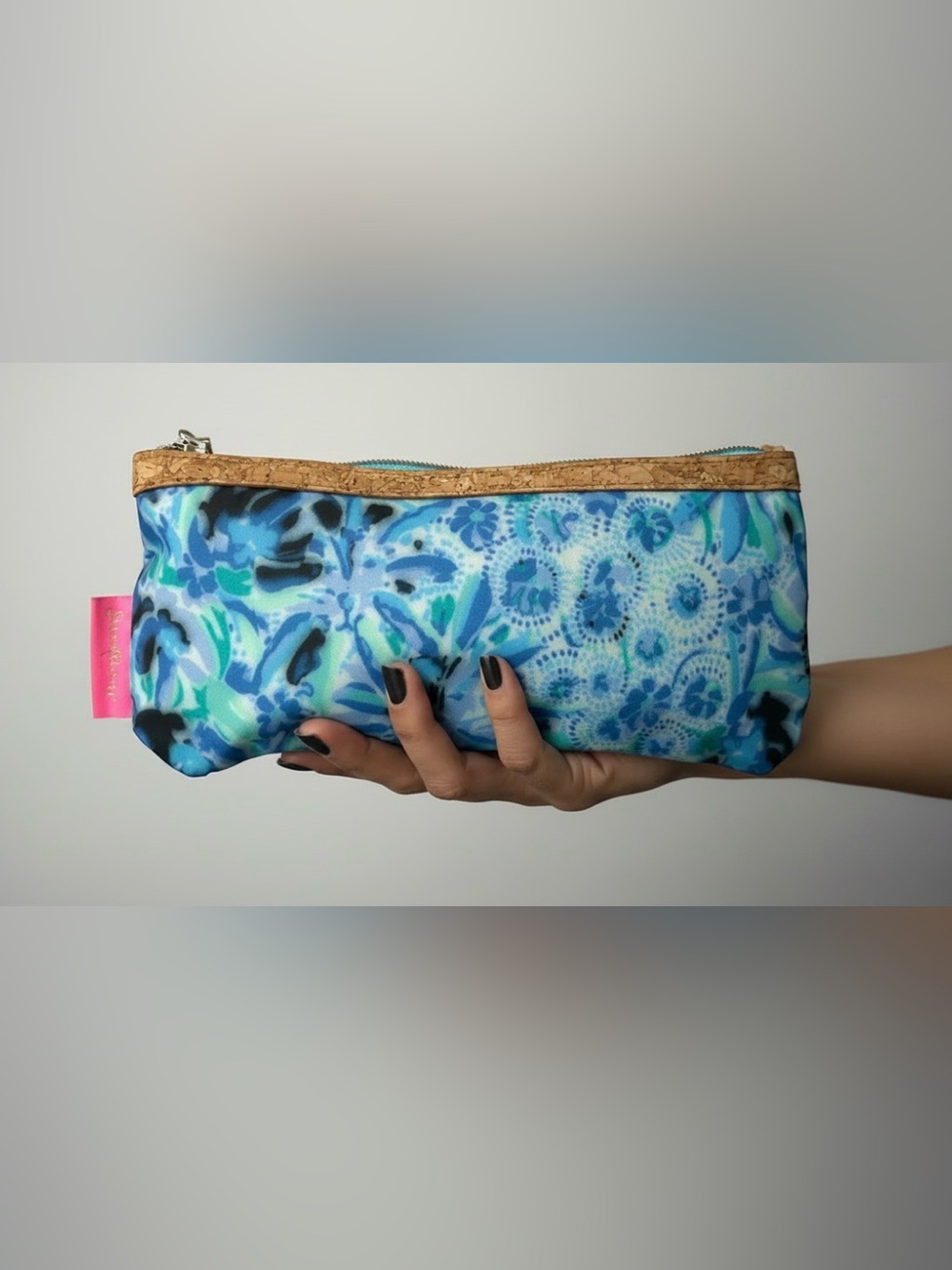 Lilly Pulitzer Blue Floral Zip Pouch with Cork Trim